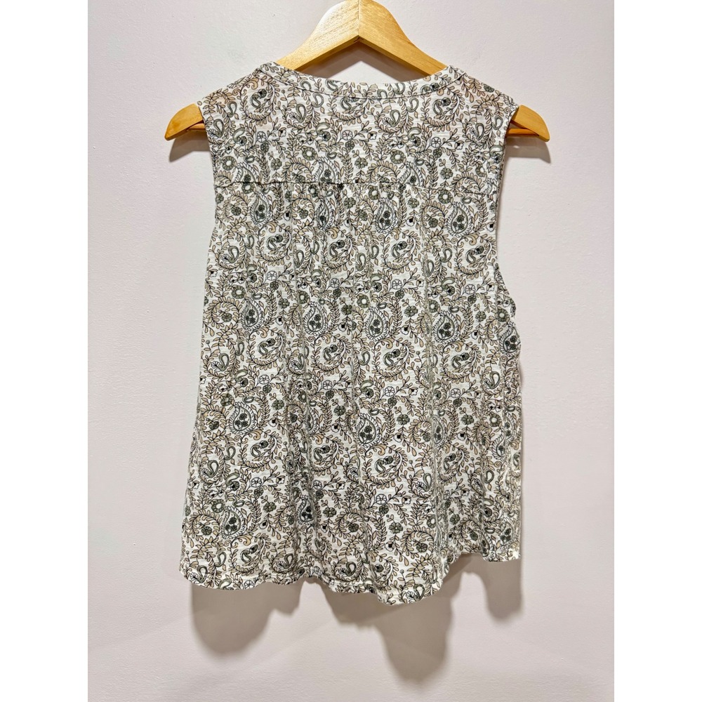 Lucky Brand Womens Paisley Floral Smocked V-Neck Sleeveless Top Green Tan Large - Picture 2 of 5